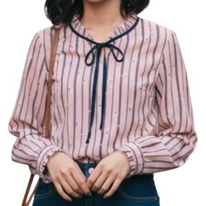Xiangfei Sz M Pink Striped Blouse With Fan Trim Details And Front Tie